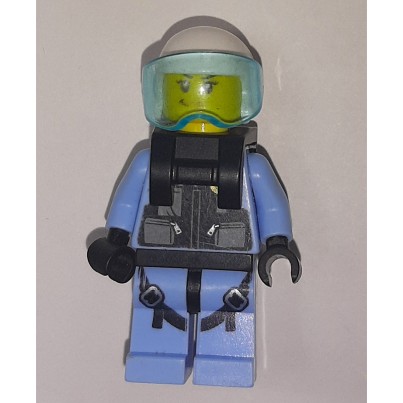 Lego Policewoman, Black Vest with Badge and Pouches over Bright Light Blue Shirt, White Helmet with Visor, Neck Bracket