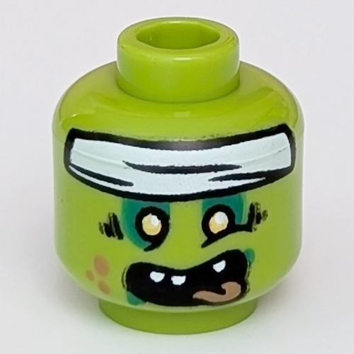 Lego Minifig Head, Yellow Eyes, Dark Green Eye Shadow, Coral Spots, Open Mouth, Tongue, White Bandanna/Bandage print [Hollow Stud] / Lime