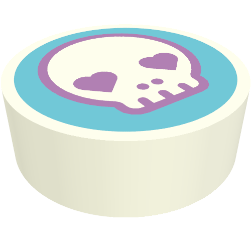 Lego Tile Round 1 x 1 with Skull, Lavender Hearts for Eyes on Medium Azure Background print / White