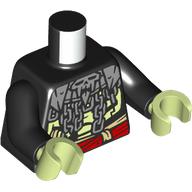 Lego Torso, Silver Chains, Skull, Red Belt, Yellowish Green Ribcage print, Black Arms, Yellowish Green Hands / Black