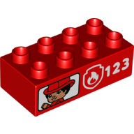 Lego Duplo Brick 2 x 4 with Fire Logo, '123', Boy with Fire Helmet Print / Red