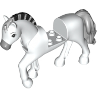 Lego Animal, Horse with Raised Leg, Moveable Head, Black and Light Bluish Gray Striped Roached Mane, Light Bluish Gray Nose and Tail / White