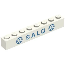 Brick 1 x 8 with 'VW SALG VW' Thin Blue Print / White