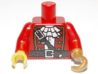 Lego Torso Pirate Captain Jacket Open with Gold Trim over White Shirt with Neck Ruffle, Dark Brown Belts with Silver Buckles Pattern / Red Arms / Pearl Gold Hook Left / Yellow Hand Right