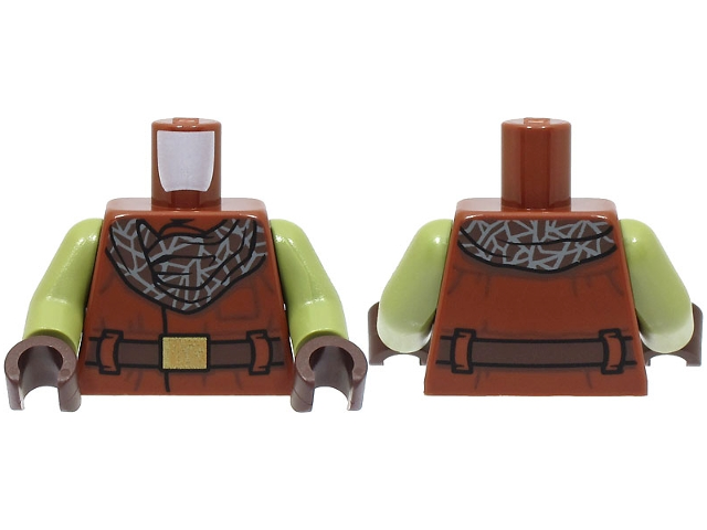 Lego Torso Coat with Pocket and Dark Brown Belt with Gold Buckle, Bandana with Dark Bluish Gray Trim Pattern / Olive Green Arms / Dark Brown Hands