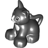 Duplo Animal Cat / Kitten Sitting with Black Eyes and Whiskers and White Chest and Nose Print / Black