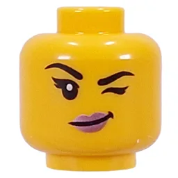 Minifig Head Black Eyebrows, Eyelashes, Metal Pink Lips, Wink / Lopsided Smile / Yellow