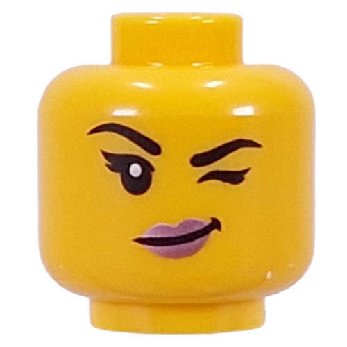 Lego Minifig Head Black Eyebrows, Eyelashes, Metal Pink Lips, Wink / Lopsided Smile / Yellow