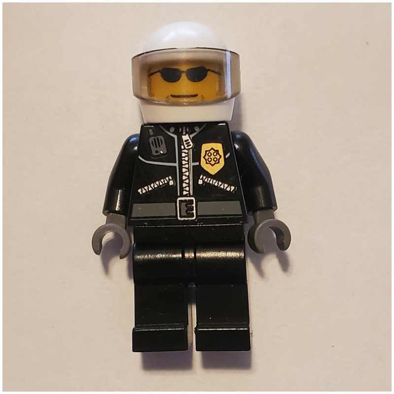 Lego Policeman, Black Jacket with Zipper, Radio, and Badge, White Helmet and Visor, Sunglasses