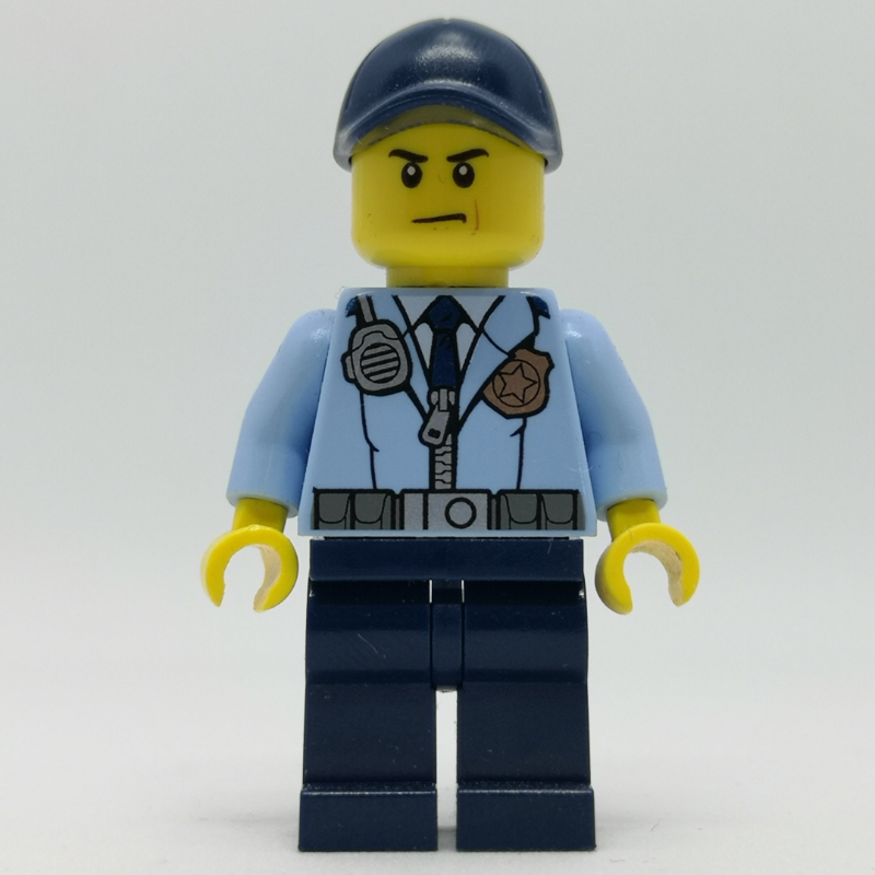 Lego Policeman, Bright Light Blue Jacket with Zipper, Radio, Badge, and Tie, Dark Blue Legs, Dark Blue Cap