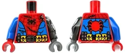 Torso Spider-Man Costume, Dark Red Webbing, Black Spider and Stitches, Blue Panels, Utility Belt with Buckle, Pouches and Grenades Pattern / Pearl Dark Gray Arm Left with Armor and Grenades Pattern / Blue Arm Right / Dark Bluish Gray Hand Left / Red Hand Right