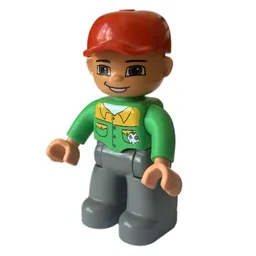 Duplo Figure with Cap Red, with Bright Green Long Sleeve Shirt with Light Orange Collar and Pocket Flaps - Nougat Face with Closed Mouth Smile - Dark Bluish Gray Legs / Bright Green