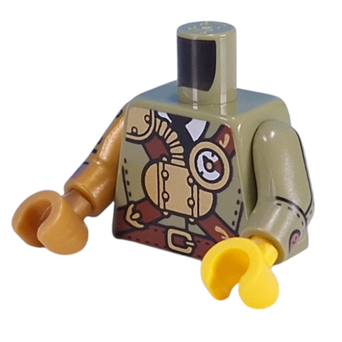 Lego Torso, Odd Arms and Hands, Gold Apparatus, Gauge, Reddish Brown Streps, Mechanical Arm with Silver/Copper Pistons print, Left Pearl Gold Arm and Hand, Right Olive Green Arm and Yellow Hand / Olive Green