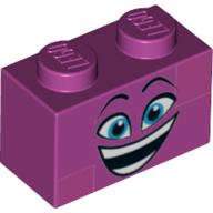 Lego Brick 1 x 2 with Face Happy, Blue Eyes, Open Mouth print / Magenta