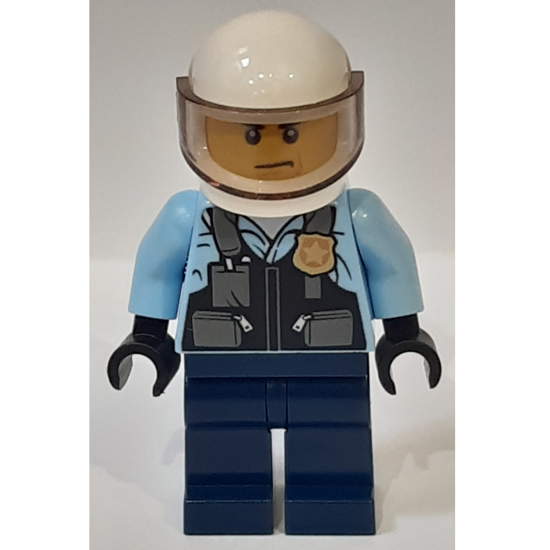 Lego Policeman, Black Vest with Badge and Pouches over Bright Light Blue Shirt, Dark Blue Legs, White Helmet with Visor