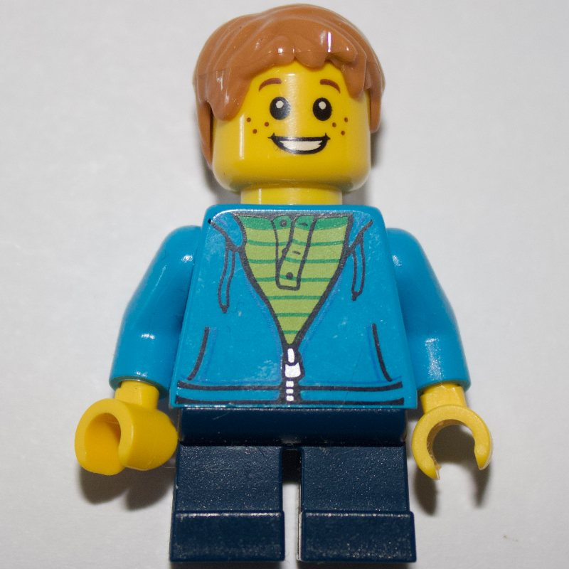 Lego Boy, Open Dark Azure Hoodie with Zipper, Short Dark Blue Legs, Medium Dark Flash Hair