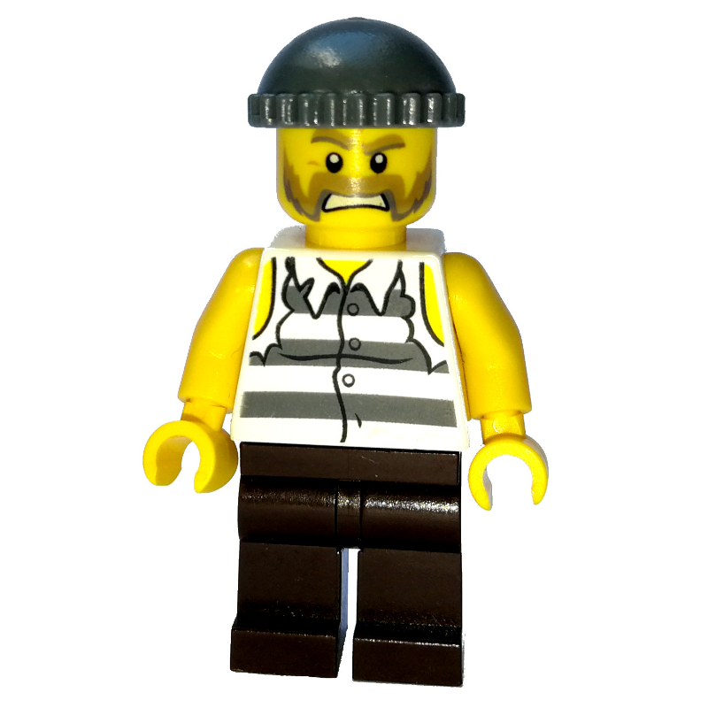 Lego Criminal, Torn Prison Shirt, Dark Brown Legs, Dark Bluish Gray Hat