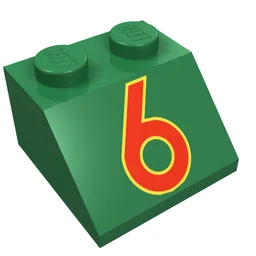 Brick Sloped 45° 2 x 2 with Red/Yellow '6' Print / Green