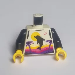 Torso, Tank Top with Dolphin, Palm Trees, and Sun, with Magenta, Dark Pink, and Dark Purple Sunset Print, Black Arms, Yellow Hands / White