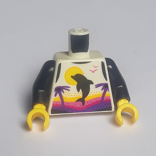 Lego Torso Tank Top with Dolphin, Palm Trees, and Sun, with Magenta, Dark Pink, and Dark Purple Sunset Print, Black Arms, Yellow Hands / White