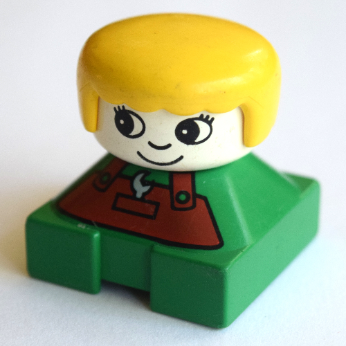 Lego Duplo 2 x 2 x 2 Figure Brick, Rounded Bangs, White Head, Yellow Hair, Brown Apron with Spanner and Pocket, Round Eyes and Eyelashes Print / Green