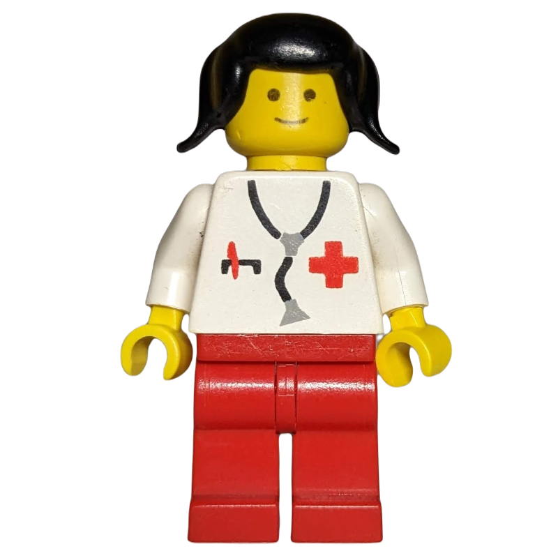 Lego Doctor, Woman, White Torso with Stethoscope and Red Cross, Red Legs, Black Hair (3626b Head)