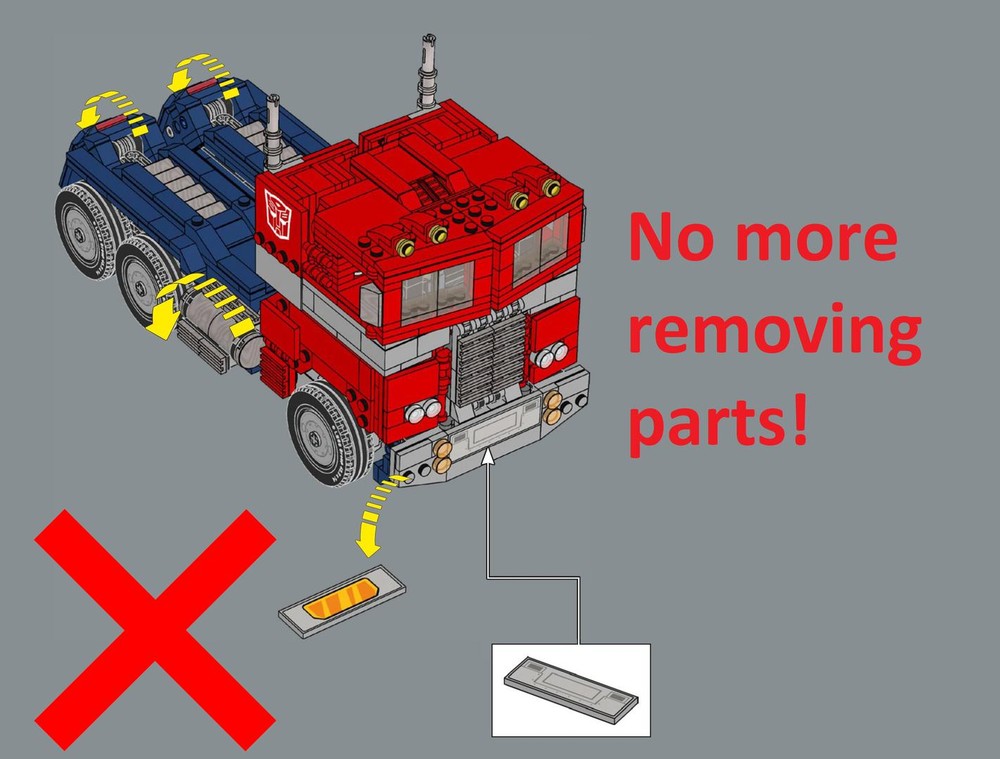 Lego Optimus Prime front redesign. No more removing parts!