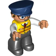 Duplo Figure with Police Style Hat Dark Blue, with Black Legs, Yellow Vest with Red Tie, White Arms, Glasses with Blue Eyes / Yellow