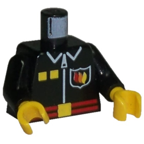 Lego Torso Fire Flame Badge, Red Belt, Zipper and Collar Print, Black Arms, Yellow Hands / Black