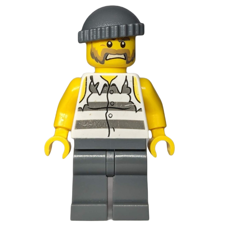 Lego Criminal, Torn Prison Shirt, Dark Bluish Gray Legs, Dark Bluish Gray Hat, Beard