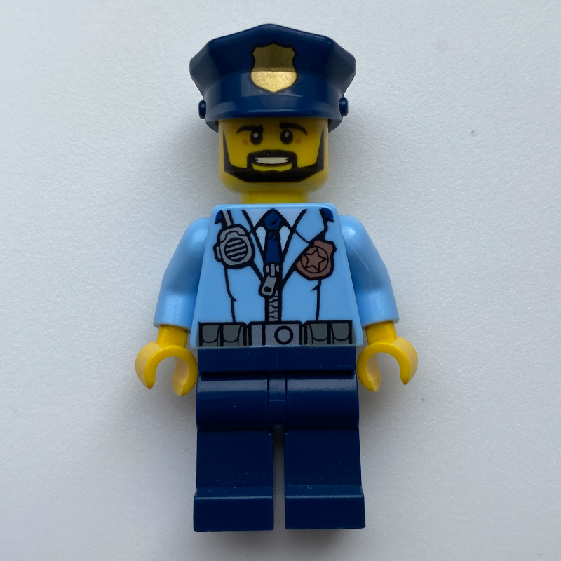Lego Policeman, Bright Light Blue Jacket with Zipper, Radio, Badge, and Tie, Dark Blue Legs, Dark Blue Police Hat with Badge, Beard