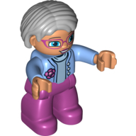 Lego Duplo Figure Bob / Pageboy Hair Gray, with Magenta Legs, Medium Blue Top with Flower, Blue Eyes, Glasses / Medium Blue