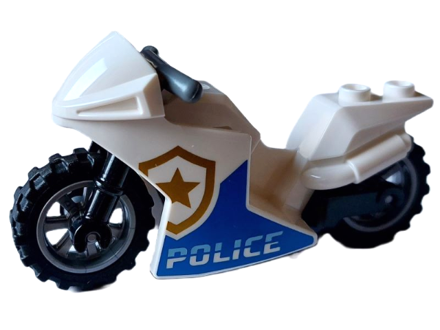 Lego Motorcycle Sport Bike with Black Frame, Flat Silver Wheels and Dark Bluish Gray Handlebars with 'POLICE' Pattern on Both Sides