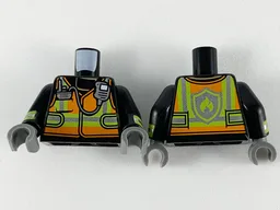 Torso Orange Vest with Silver and Lime Stripes and Silver Radio Pattern / Black Arms with Reflective Stripes Pattern / Dark Bluish Gray Hands