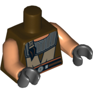 Lego Torso Robe, Dark Tan Trim, Large Dark Bluish Gray Collar, Ponytail Print, (Quinlan Vos), Nougat Arms, Black Hands / Dark Brown