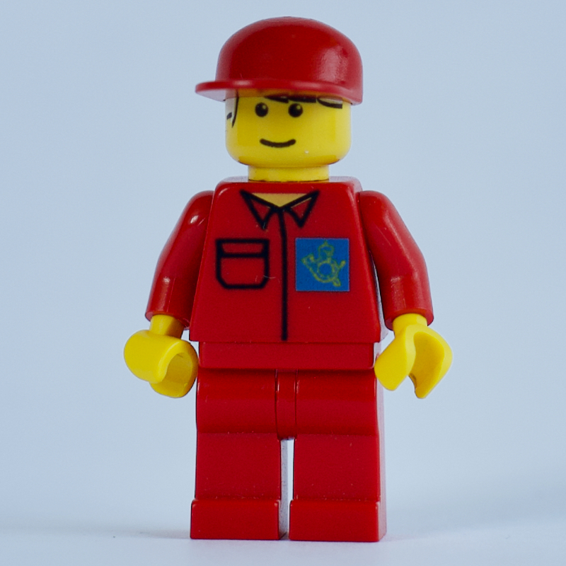 Lego Postal Worker, Red Shirt with Horn Logo with Blue Background, Red Legs, Red Cap