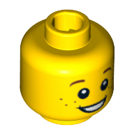 Lego Minifig Head, Brown Eyebrows and Freckles, Open Smile, White Pupils Print / Yellow