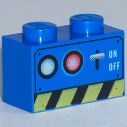 Brick 1 x 2 with Switch, Lamps, and Danger Stripe Print / Blue