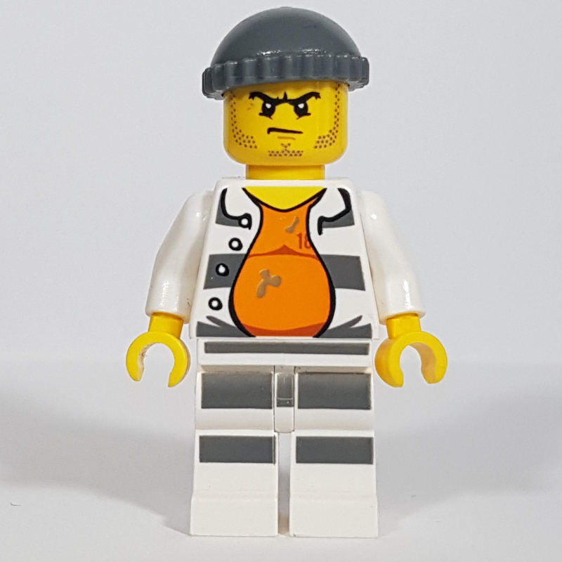 Lego Criminal Gary Goldrush, Open Prison Shirt #18675 over Orange Top, Dark Bluish Gray Hat, Stubble
