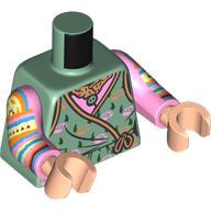 Lego Torso, Robe, Nougat Trim, Bright Pink Shirt, Gold Necklace with Jewel, Bright Light Yellow/Orange/Dark Azure Arm print, Bright Pink Arms, Light Nougat Hands, / Sand Green