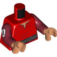Lego Torso, Shirt, Black Bel, White Patch on Arm print, Dark Red Arms, Nougat Hands / Red