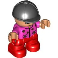 Duplo Figure Child with Riding Helmet Black, with Red Legs, Dark Pink Top with Flowers / Dark Pink