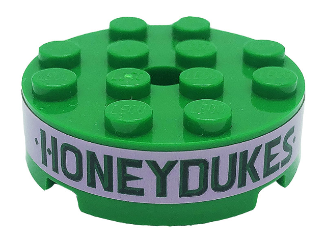 Lego Brick, Round 4 x 4 with Hole with Dark Green 'HONEYDUKES' on Bright Pink Background Pattern (Sticker) - Set 76388
