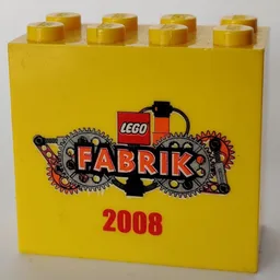Brick 2 x 4 x 3 with 'LEGO Fabrik 2008' with Orange Text Print / Yellow