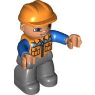 Lego Duplo Figure with Construction Helmet Orange, with Orange Vest over Blue Long Sleeve Shirt, Nougat Face and Hands, and Dark Bluish Gray Legs / Orange