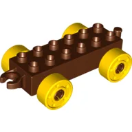 Duplo Car Base 2 x 6 with Fake Bolts, Open Hitch End and Yellow Wheels / Reddish Brown