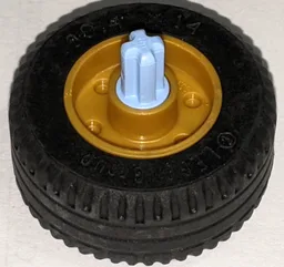Wheel 18mm D. x 14mm with Pin Hole, Fake Bolts and Shallow Spokes with Fixed Rotatable Bright Light Blue Technic, Axle 1L with Pin without Friction Ridges with Squared Hole with Black Tire 30.4 x 14 Solid (55981c10 / 58090) / Pearl Gold