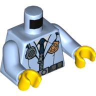 Lego Torso Police Jacket with Zipper, Badge, Radio and Dark Blue Tie Print, Bright Light Blue Arms, Yellow Hands / Bright Light Blue