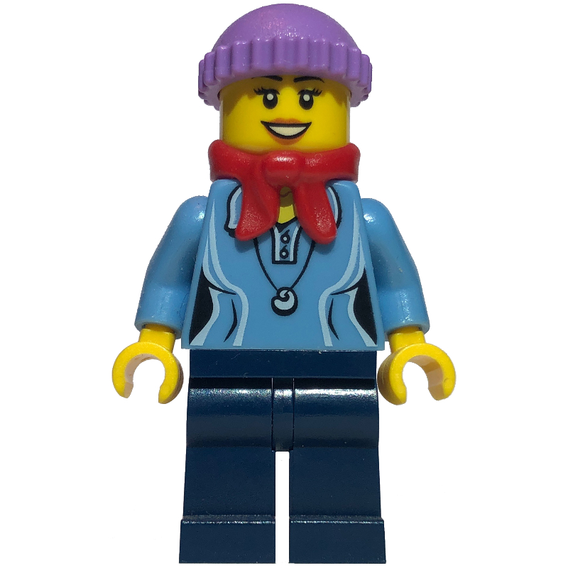 Lego Woman, Medium Blue Polo Shirt with Necklace, Dark Blue Legs, Red Bandana Scarf, Medium Lavender Hat