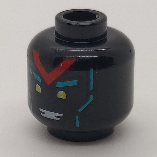 Lego Minifig Head Unagami, Yellow Eyes, Red 'V', Dark Turquoise Eyebrows and Lines / Angry with Red Squares Print / Black